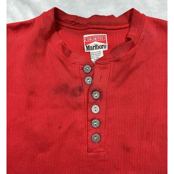 Vintage 90s Marlboro Red Henley Shirt Smoker Grunge Punk XL Cigarette Thrashed - Picture 2 of 16